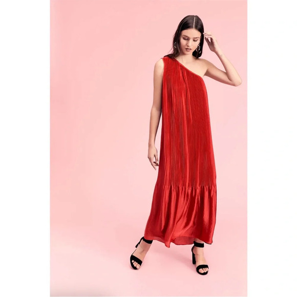 Free People Chelsea Pleated Gown one shoulder red shiny flowy dress size large - Picture 1 of 11
